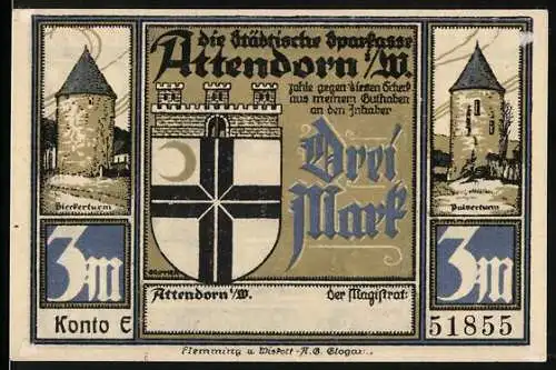 Notgeld Attendorn 1922, Drei Mark, Bild von Bieketurm, Pulverturm und Schloss Schnellenberg zum 700-jährigen Jubiläum