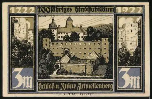 Notgeld Attendorn 1922, Drei Mark, Bild von Bieketurm, Pulverturm und Schloss Schnellenberg zum 700-jährigen Jubiläum