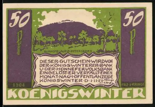 Notgeld Königswinter, 1921, 50 Pfennig, Kurhotel auf dem Petersberg und Gedicht von Julius Inkermann