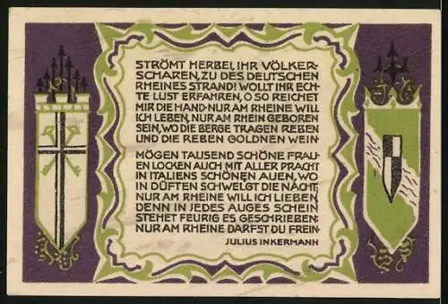 Notgeld Königswinter, 1921, 50 Pfennig, Kurhotel auf dem Petersberg und Gedicht von Julius Inkermann