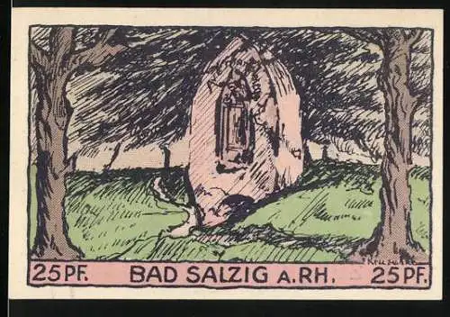 Notgeld Bad Salzig a. Rh., 1921, 25 Pf., Vorderseite mit Naturdenkmal und Rückseite mit Frau und Felsen