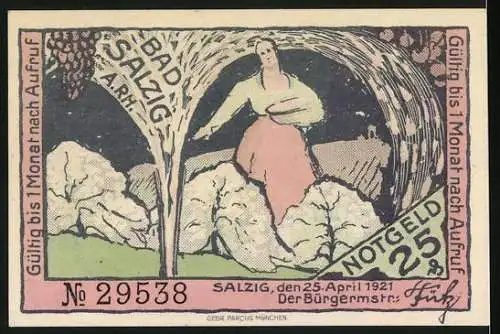 Notgeld Bad Salzig a. Rh., 1921, 25 Pf., Vorderseite mit Naturdenkmal und Rückseite mit Frau und Felsen