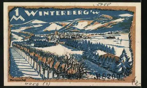 Notgeld Winterberg, 1 Mark, Front: Wanderer mit Pfeife und Schiff, Rückseite: Winterlandschaft mit Dorfansicht