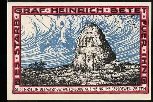 Notgeld Wittenburg, 1922, 199 Pfennig, Gedenkstein bei Waschow mit Inschrift und Stadtwappen