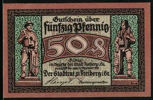 Notgeld Freiberg, 1921, 50 Pfennig, Abbildung von Bergarbeitern und Karren mit Kohle