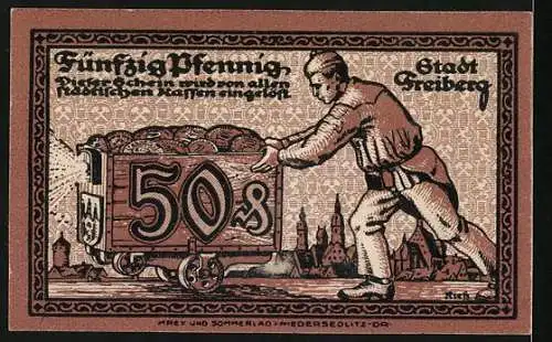 Notgeld Freiberg, 1921, 50 Pfennig, Abbildung von Bergarbeitern und Karren mit Kohle