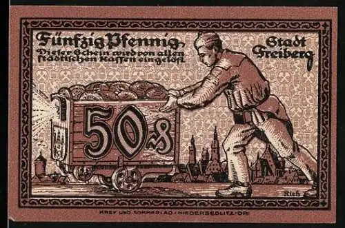 Notgeld Freiberg, 50 Pfennig, Bergmann mit Lore und Stadtwappen, Gültigkeit bis 1. Dezember 1921