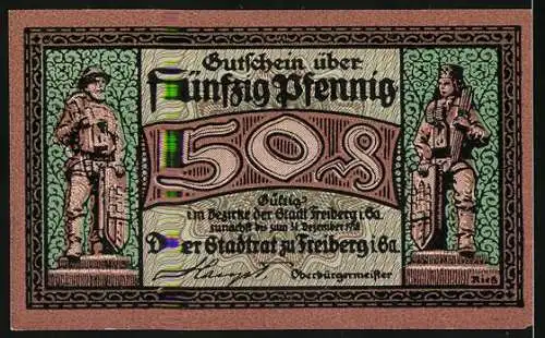 Notgeld Freiberg, 50 Pfennig, Bergmann mit Lore und Stadtwappen, Gültigkeit bis 1. Dezember 1921