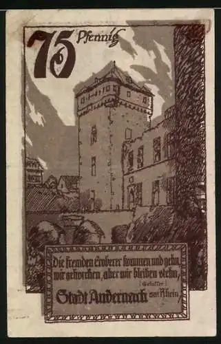 Notgeld Andernach 1920, 75 Pfennig, Stadtwappen und Burgansicht