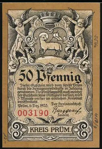 Notgeld Prüm, 1920, 50 Pfennig, Vorderseite mit Lammsymbol und Engeln, Rückseite Abtei Prüm mit Kirchenabbildung