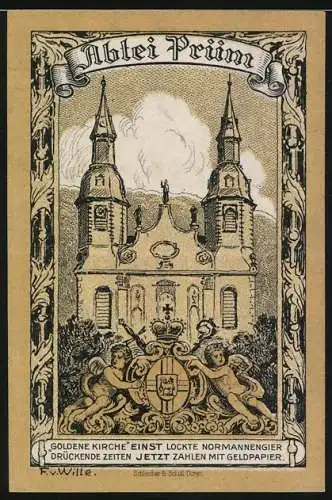 Notgeld Prüm, 1920, 50 Pfennig, Vorderseite mit Lammsymbol und Engeln, Rückseite Abtei Prüm mit Kirchenabbildung