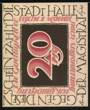 Notgeld Halle, 1921, 20 Pfennig, August Hermann Francke Porträt und Schriftzug der Stadt Halle