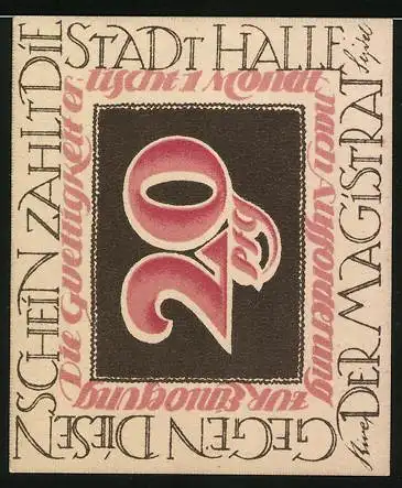 Notgeld Halle, 1921, 20 Pfennig, Der Philosoph Christian Wolff und Text um den Wert