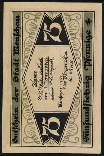 Notgeld Monschau, 1921, 75 Pfennig, Ruine Haller und Text auf der Vorderseite, Ausgabe am 1. Januar 1922