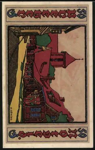 Notgeld Preetz in Holstein, 1921, 50 Pfennig, Stadtansicht und dekoratives Muster