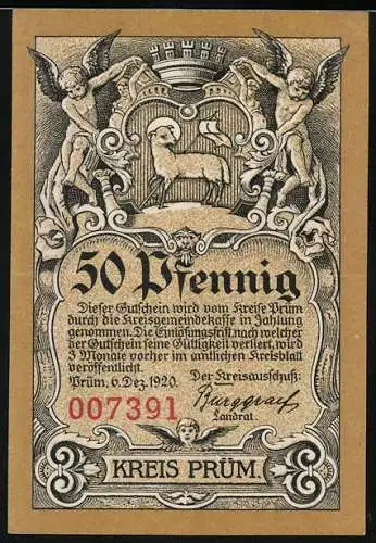 Notgeld Prüm 1920, 50 Pfennig, Abtei Prüm mit Engeln und Lamm, Serie 007391