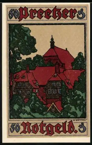 Notgeld Preetz in Holstein, 1921, 50 Pfennig, Gebäudeillustration und verzierte Schrift