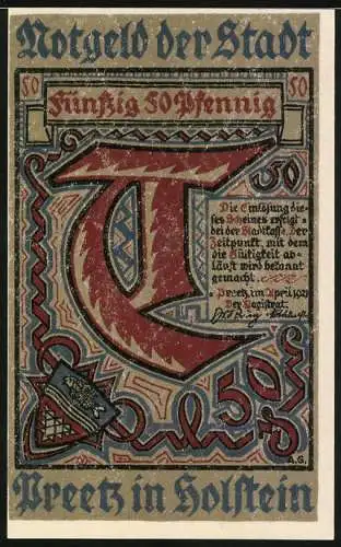 Notgeld Preetz in Holstein, 1921, 50 Pfennig, Gebäudeillustration und verzierte Schrift