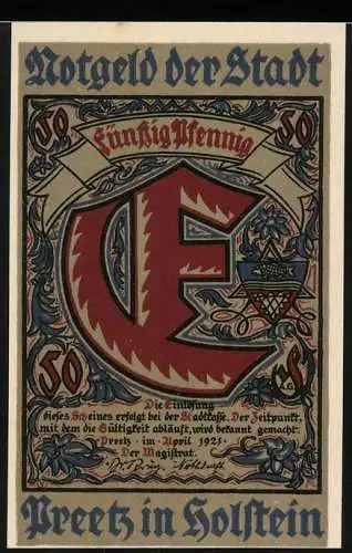 Notgeld Preetz in Holstein, 1921, 50 Pfennig, kunstvoller Buchstabe E und historische Gebäude