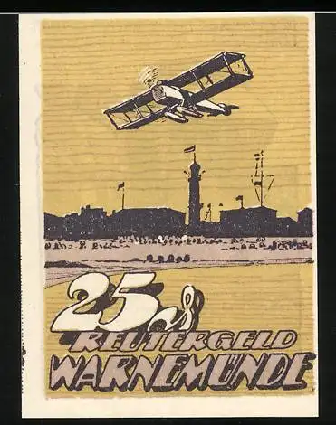 Notgeld Warnemünde, 1922, 25 Pfennig, Flugzeug und Strandkorb-Szene