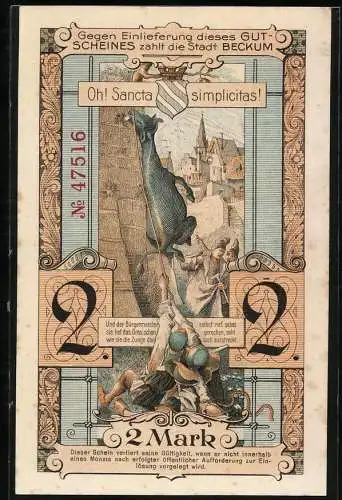 Notgeld Beckum 1918, 2 Mark, Motiv mit Stadtansicht und Oh! Sancta simplicitas!