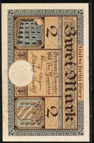 Notgeld Beckum 1918, 2 Mark, Motiv mit Stadtansicht und Oh! Sancta simplicitas!