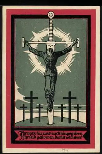 Notgeld Hamburg 1921, 50 Pfennig, Soldat am Kreuz mit Schwert und Grabkreuze, Gültig für Kriegsopfer und -hinterbliebene
