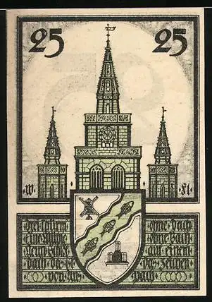 Notgeld Ansbach, 25 Pfennig, Stadtansicht mit Wappen, Seriennummer 63133