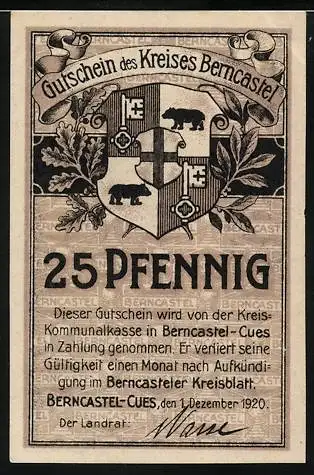 Notgeld Berncastel-Cues, 1920, 25 Pfennig, Gutschein des Kreises Berncastel, Stumpfer Turm-Hunsrück