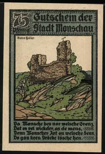 Notgeld Monschau, 1921, 75 Pfennig, Ruine Halter Abbildung und lokale Mundart