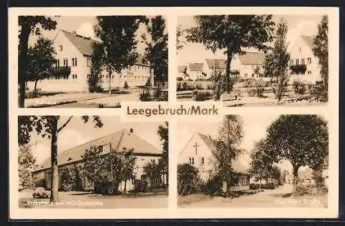 AK Leegebruch /Mark, Volkshaus mit HO-Gaststätte, Rathaus und Robert-Koch-Platz