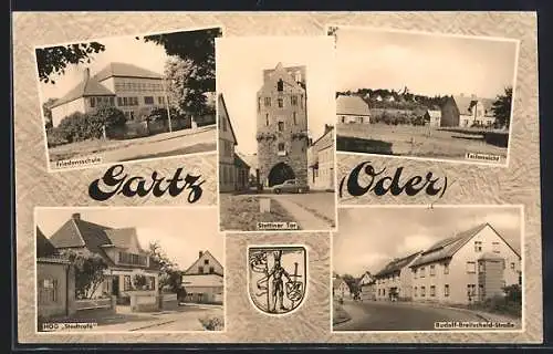 AK Gartz, HO-Gaststätte Stadtcafe, Friedensschule, Stettiner Tor, Wappen