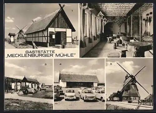 AK Gross Stieten /Wismar, Gaststätte Mecklenburger Mühle mit parkenden Autos und Windmühle