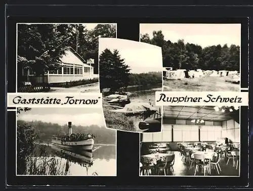 AK Tornow /Ruppiner Schweiz, Gaststätte Tornow mit Zeltplatz und Dampfschiff