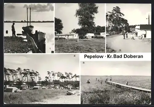 AK Pepelow /Bad Doberan, Campingplatz, Strand und Segelboot