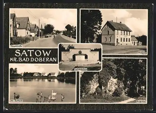 AK Satow /Bad Doberan, Hauptstrasse, Postamt, Burgruine, Freilichtbühne