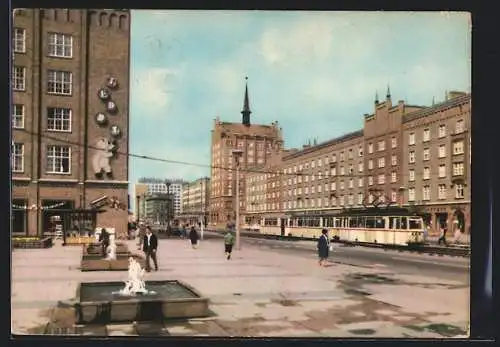 AK Rostock, Lange Strasse mit Strassenbahn