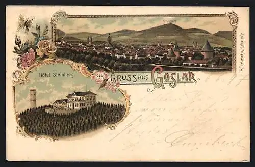 Lithographie Goslar, Hotel Steinberg, Ortsansicht