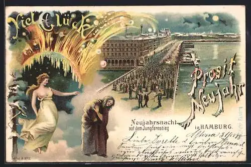 Lithographie Hamburg-Neustadt, Neujahrsnacht auf dem Jungfernstieg, Feuerwerk mit allegorischen Figuren