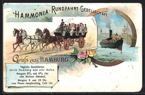 Lithographie Hamburg, Hammonia-Rundfahrt-Gesellschaft, Pferdekutsche