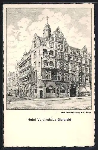 Künstler-AK Bielefeld, Hotel Vereinshaus, Bahnhofstrasse 39
