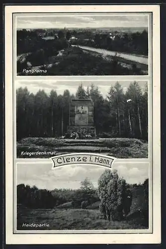 AK Clenze, Panorama, Kriegerdenkmal, Heidepartie