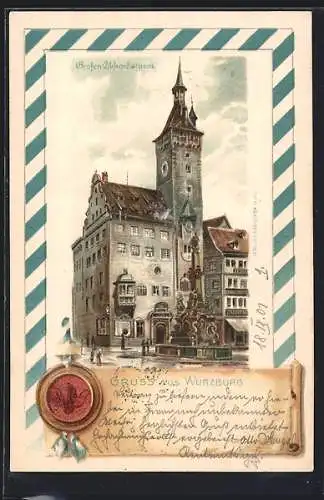 Lithographie Würzburg, Grafen Eckardsthurm mit Brunnen, Siegel, Blauweisse Banderole