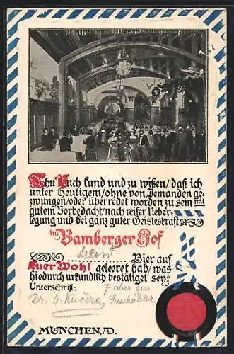 Präge-AK München, Gasthaus Bamberger Hof, Trinkerurkunde mit Siegel