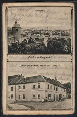 AK Hergisdorf, Gasthof zur Fortuna, Ortsansicht