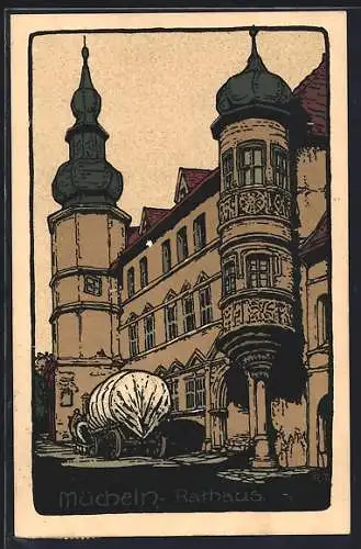 Steindruck-AK Mücheln / Halle, Rathaus, davor ein Fuhrwerk