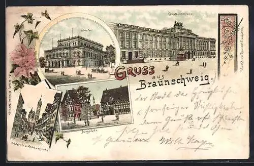 Lithographie Braunschweig, Theater, Residenzschloss, Weberstrasse, Burgplatz