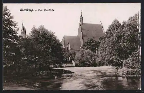 AK Bromberg, Uferpartie an der Kath. Pfarrkirche