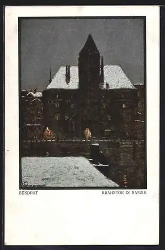 Künstler-AK Danzig / Gdansk, Krahntor in einer Winternacht