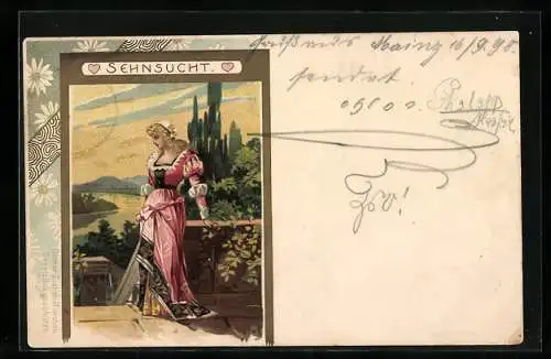 Lithographie Sehnsucht, Junge Dame in Tracht, Blumen, Jugendstil